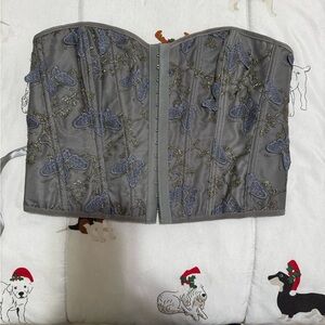Gray Strapless Corset with Blue Floral Embroidery